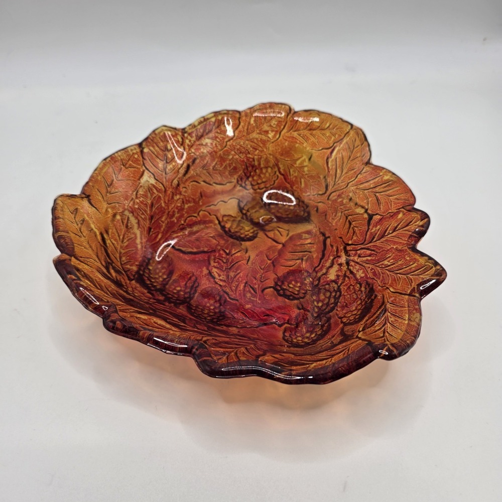 Vintage Amber Pressed Glass Blackberry Leaf Dish Fall Harvest Cottagecore Decor‎